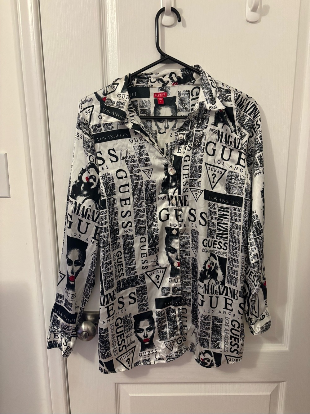 Guess Black and White Newspaper Print Button-Up Top